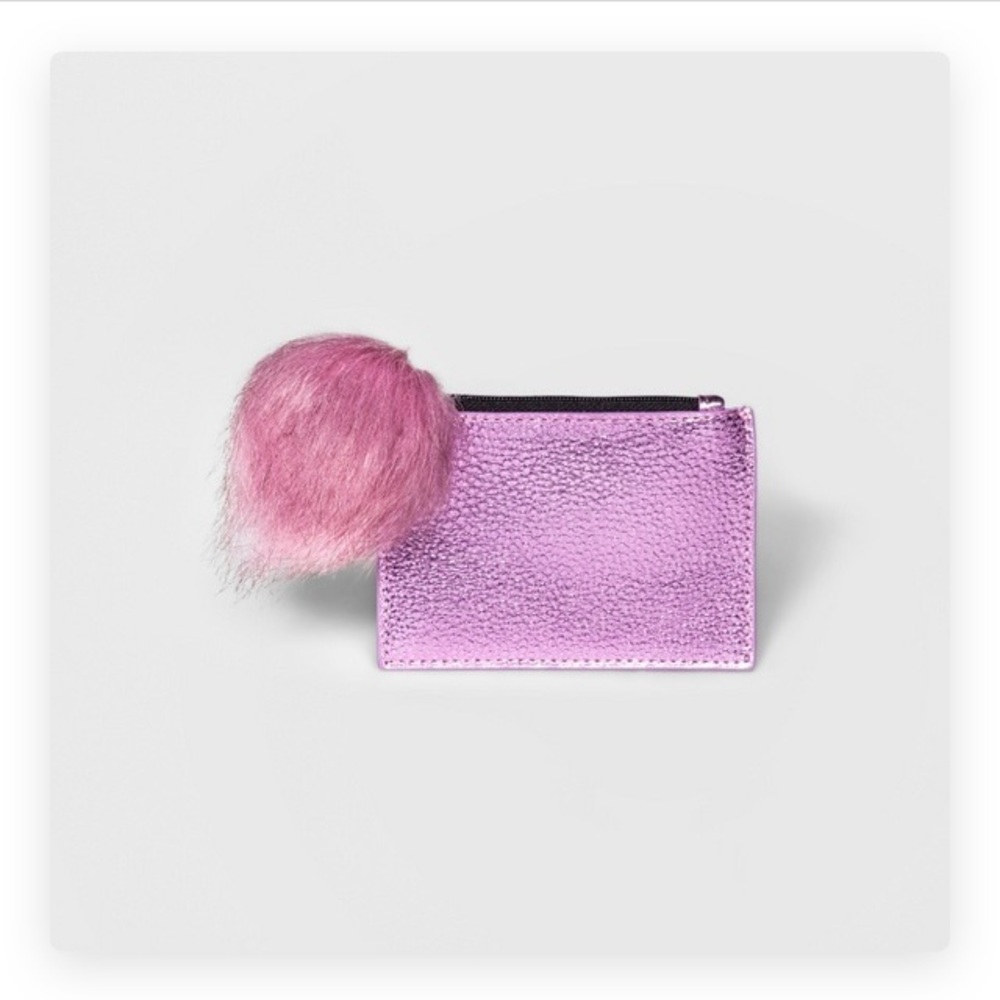 Purplish pink card case holder wallet with pompom